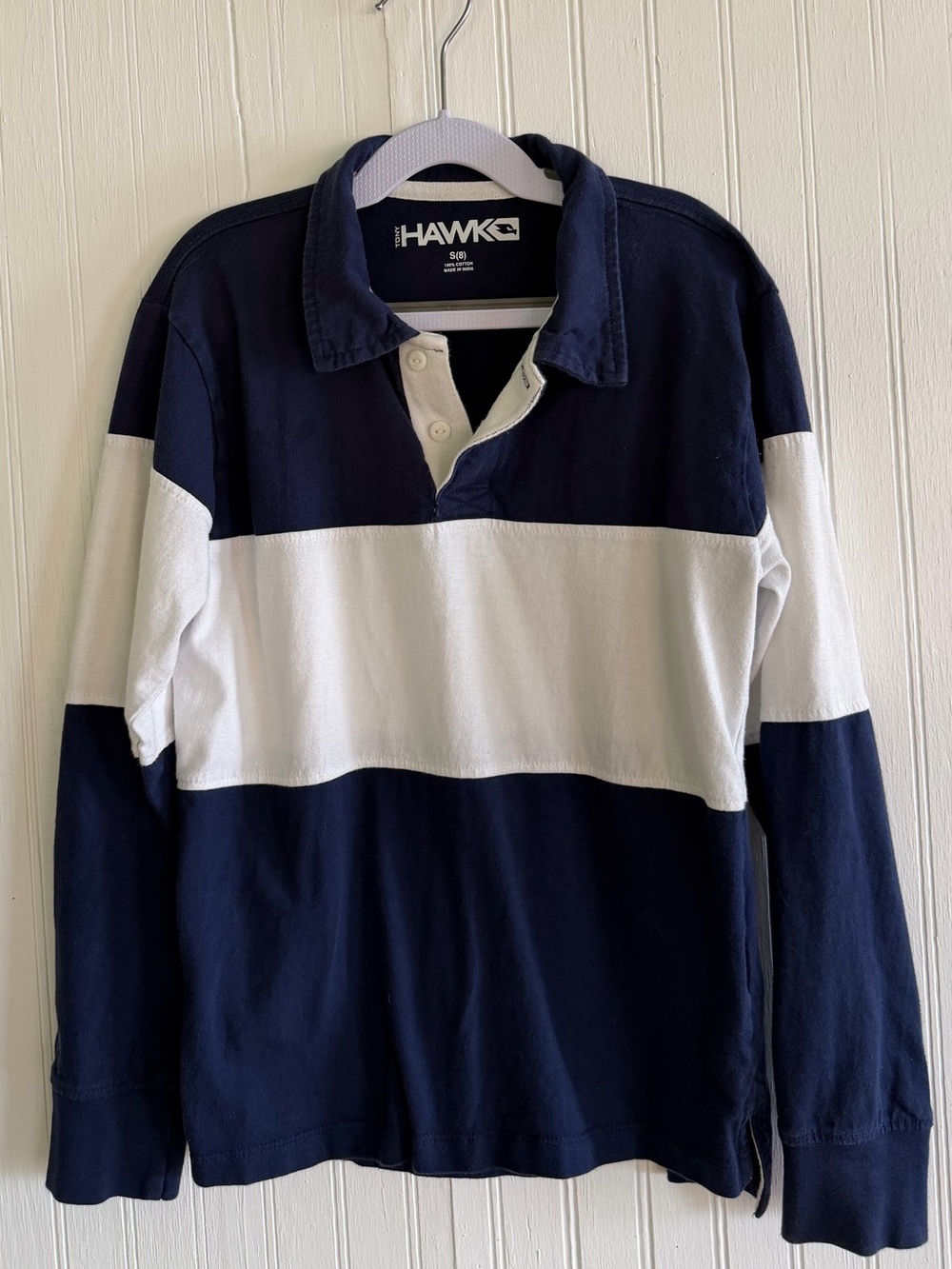 Tony Hawk Navy and White Long-Sleeve Rugby Polo